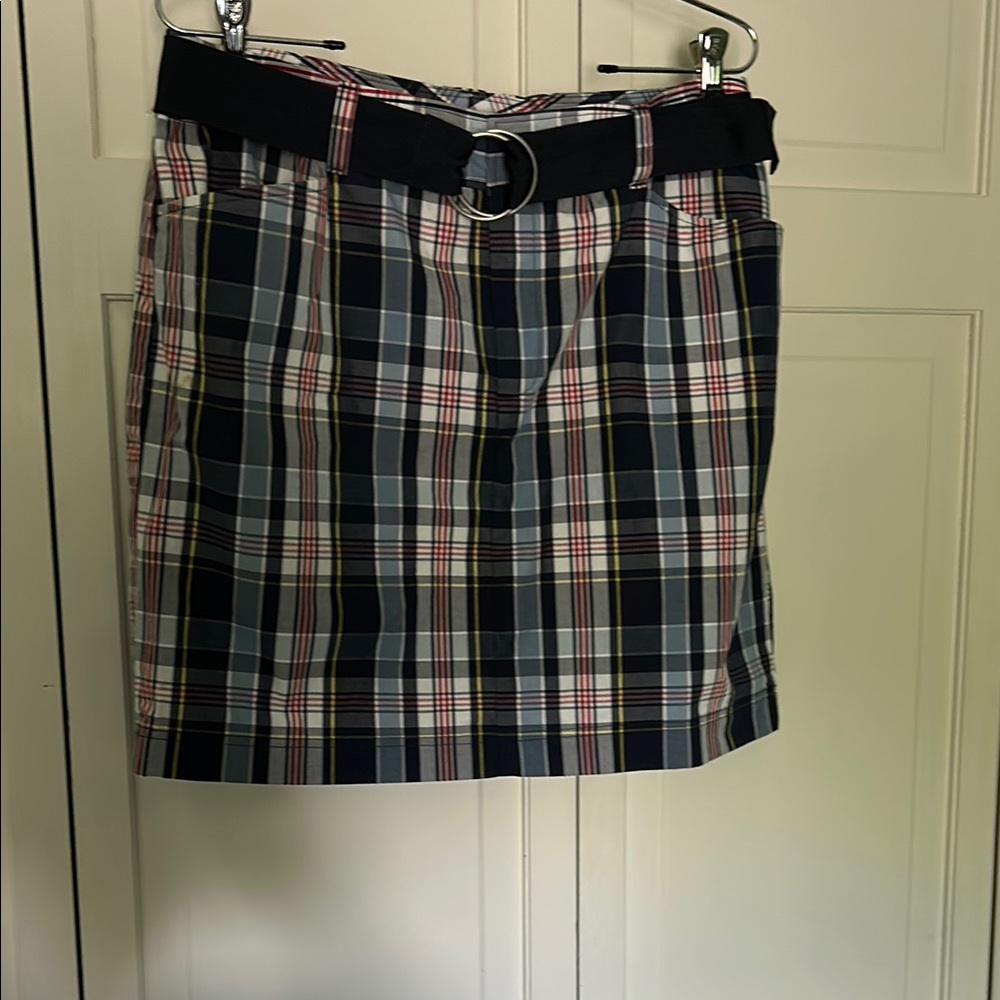Chaps Size 12 Blue and White Plaid Pencil Skirt with Belt - Picture 5 of 10